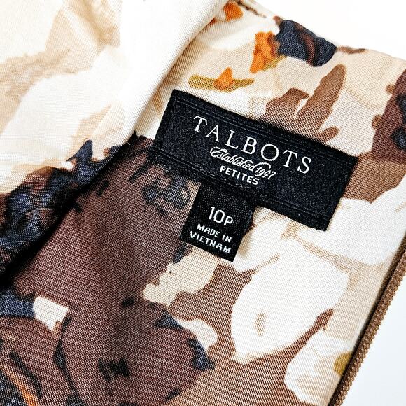 Size 10P Talbots Brown Floral Sleeveless Round Pleated Neck Tank Summer Fall - Picture 6 of 16